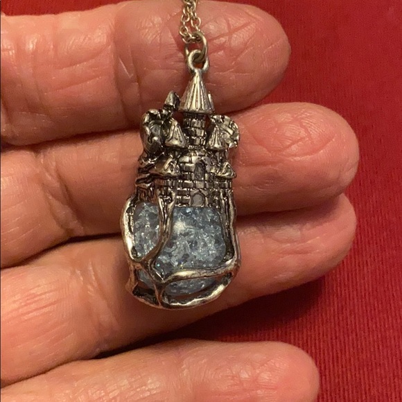 Blue Crackle Glass Goth Style Castle Pendant on Chain - Picture 1 of 5
